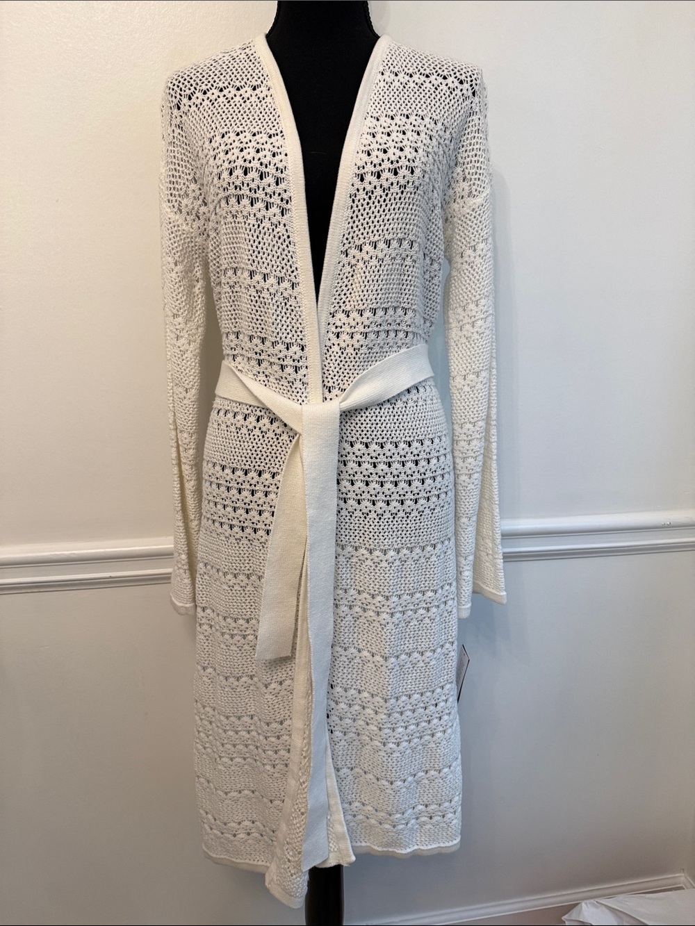 NWT INC White Open-Knit 100% Cotton Maxi Cardigan Sweater M
